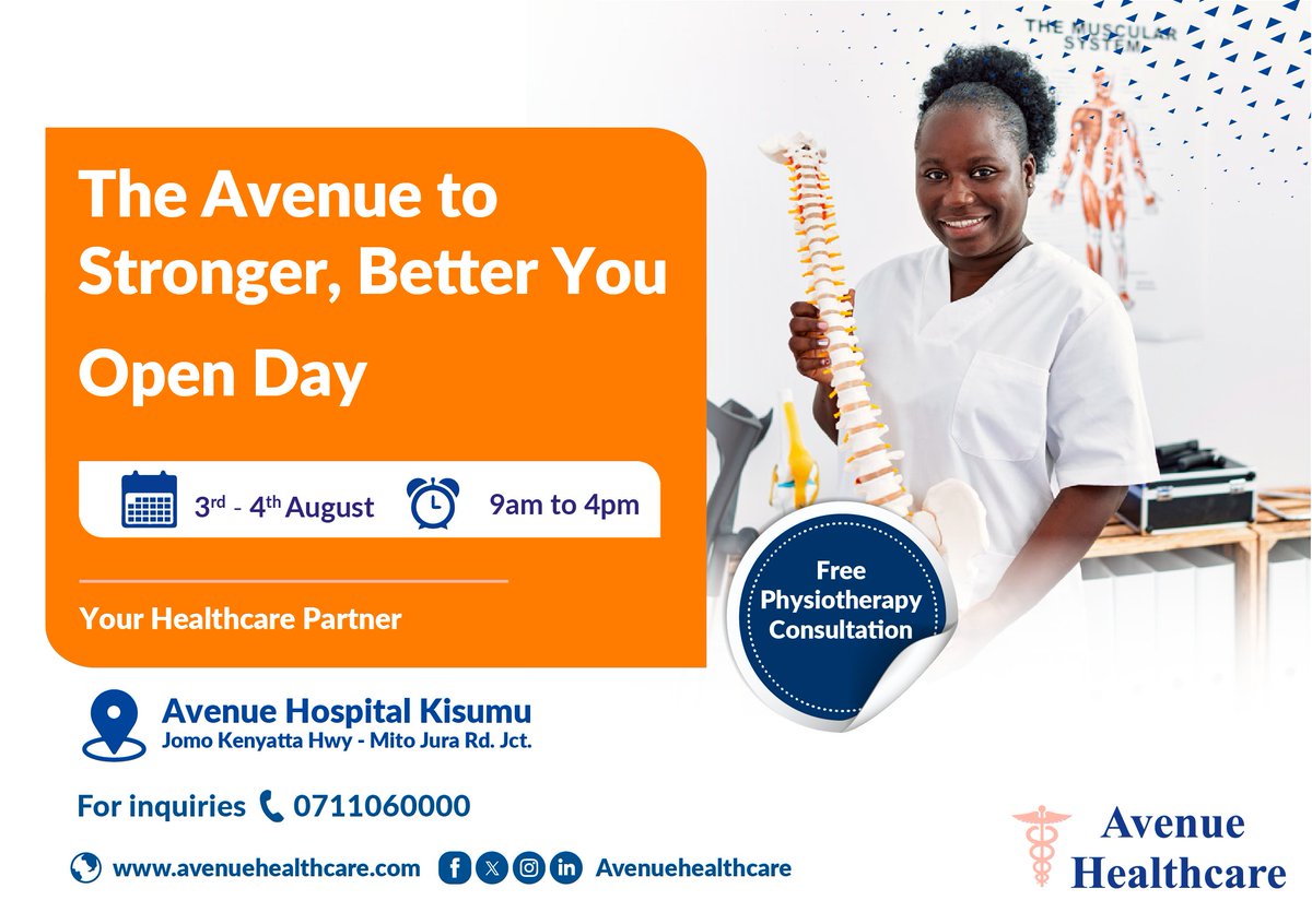 AvenueHospital's tweet image. Join us for our #Physiotherapy Open Day at our Kisumu Hospital.
Explore complimentary physiotherapy sessions, receive expert consultations, and discover a healthier, happier you!

#PhysioOpenDay
#TheAvenueToGoodHealth