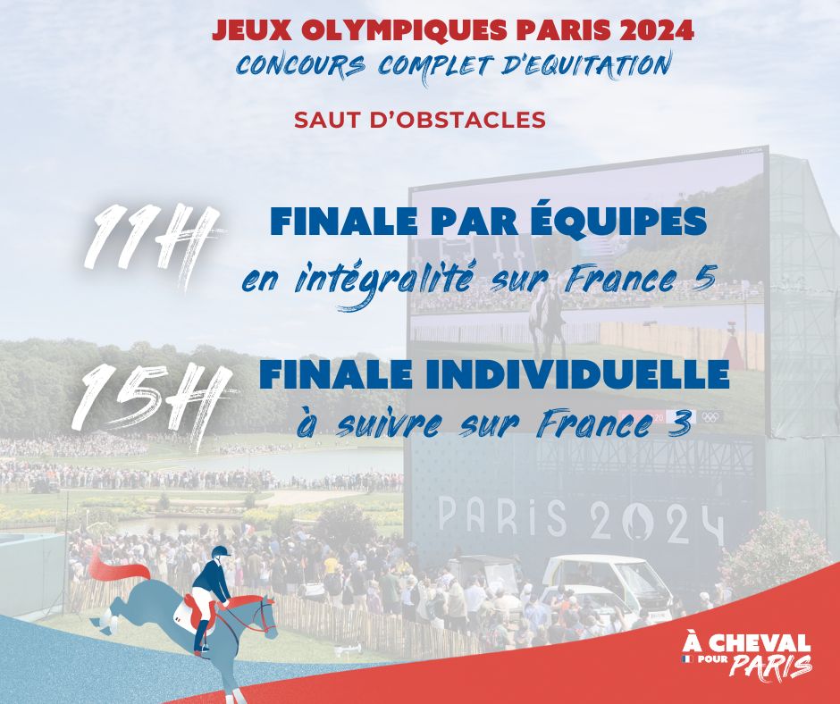 #PARIS2024
@francetv diffuse gratuitement, en direct et en intégralité, la finale du #complet !🥳
RDv à 11h sur France 5 pour la finale par équipes et à 15h sur France 3 pour l'individuel, avec @JBMarteau aux commentaires. 
Prêts à porter les Bleus vers le titre olympique ?🇫🇷🏆