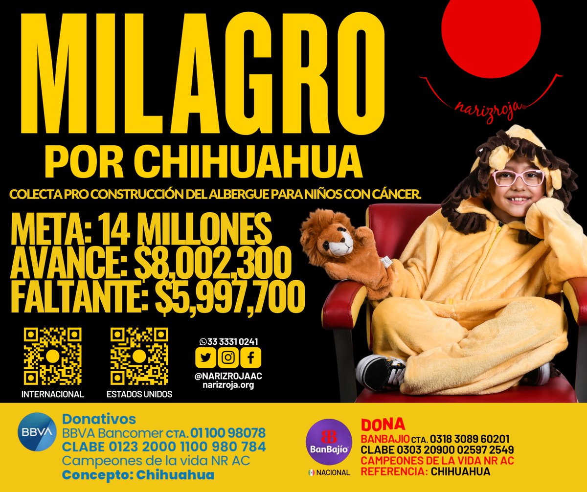 Entramos en la etapa VI !! 
Estamos a $5’997,700 de lograr la construcción del albergue para niños con cáncer en Chihuahua. 

🇲🇽 BBVA  Cuenta: 0110098078 Clabe:  012320001100980784  Campeones de la vida NR AC         
🇺🇸 narizroja.org/l/usa                      
🌍