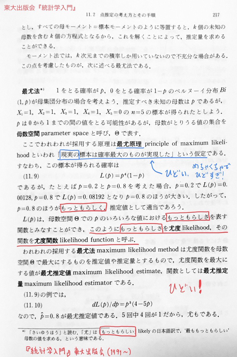統計 東大出版会『統計学入門』では、最尤法の基礎になる原理は「現実の標本は確率最大のものが実現した」という仮定だと説明していてひどい。 例えば、コイン を1回投げて裏が出たときその原理に従うと「現実のこのコインで裏が出る確率は1である」となる。非常識過ぎだ ...