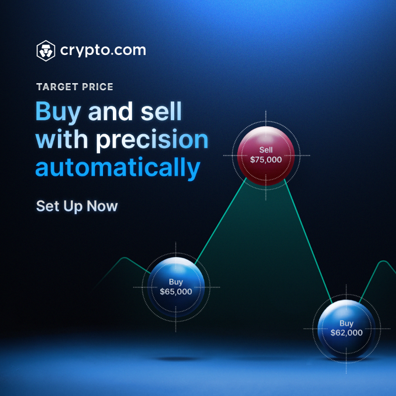cryptocom's tweet photo. With Target Price, you can automatically buy and sell crypto at your ideal price. Creating an order only takes a few seconds.
