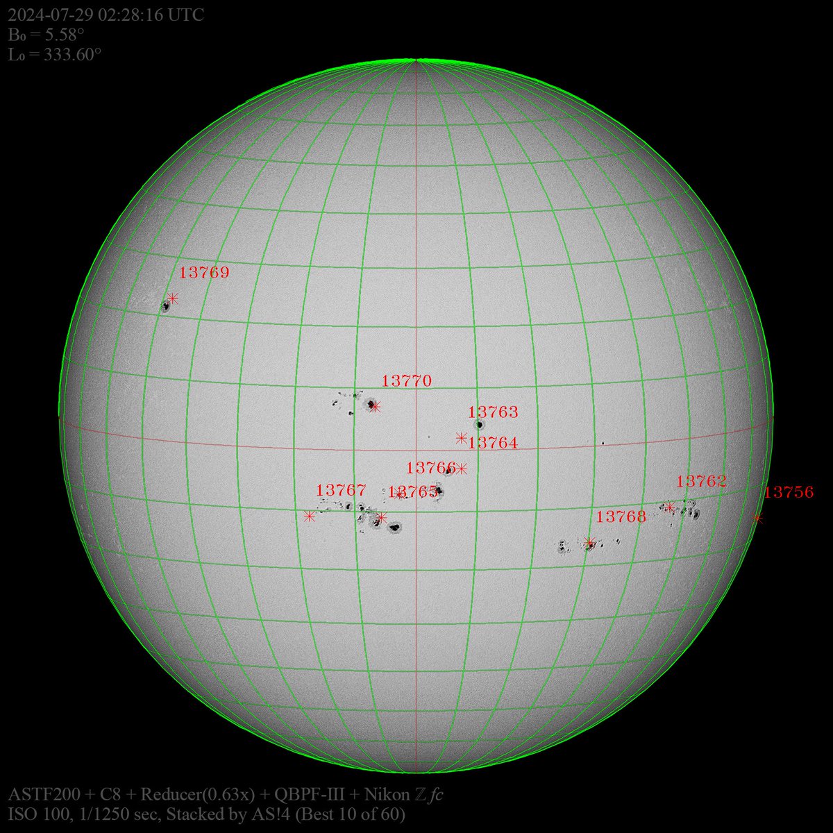 tahiti_express's tweet photo. #Sunspot 2024-07-29 11:28:16 UTC+9
今日も暑い。ベランダの日陰で気温を計ってみたら38.7℃、湿度33%。
N01W32 付近に番号の付いていない小さな黒点が1つ。

#ASTF200 #C8 #QBPF #Zfc #愛知県尾張旭市
https://t.co/VqYeJdOSqw https://t.co/xGB12TUMeM