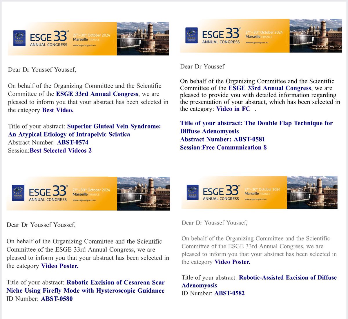 Youssef__MD's tweet photo. Thrilled to share that I will be presenting this year at the ESGE conference with 2 video posters, 1 oral presentation video, &amp; 1 video for the best video session!

Special thanks to my mentors &amp; colleagues.

Can’t wait to meet friends &amp; colleagues in Marseille. See you there! 🇫🇷 https://t.co/znNR4GnhlA