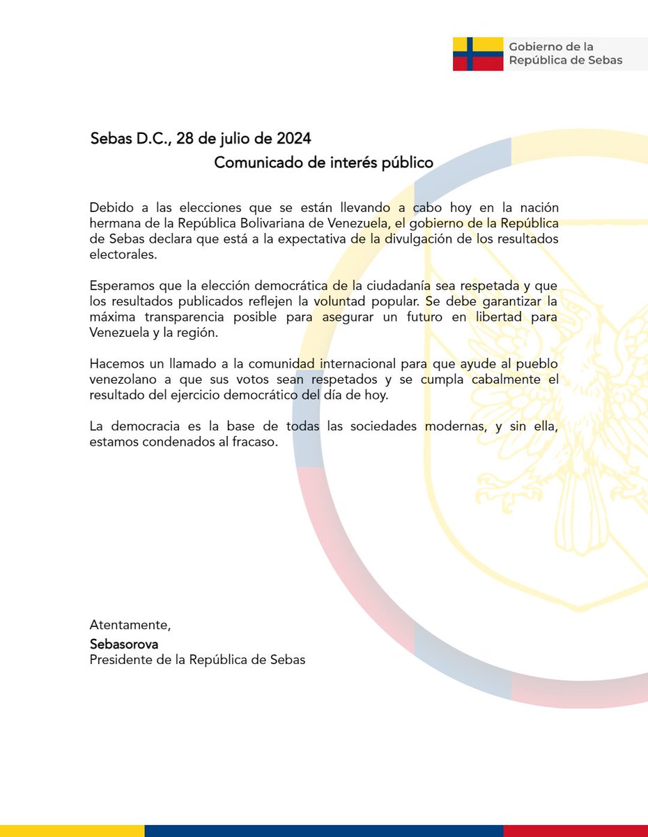 presidenciasx's tweet photo. Comunicado oficial de la República de Sebas sobre el proceso electoral en la República Bolivariana de Venezuela 🇻🇪

#EleccionesVE2024 #PresidencialesVE2024 https://t.co/KDfmW2AuVi