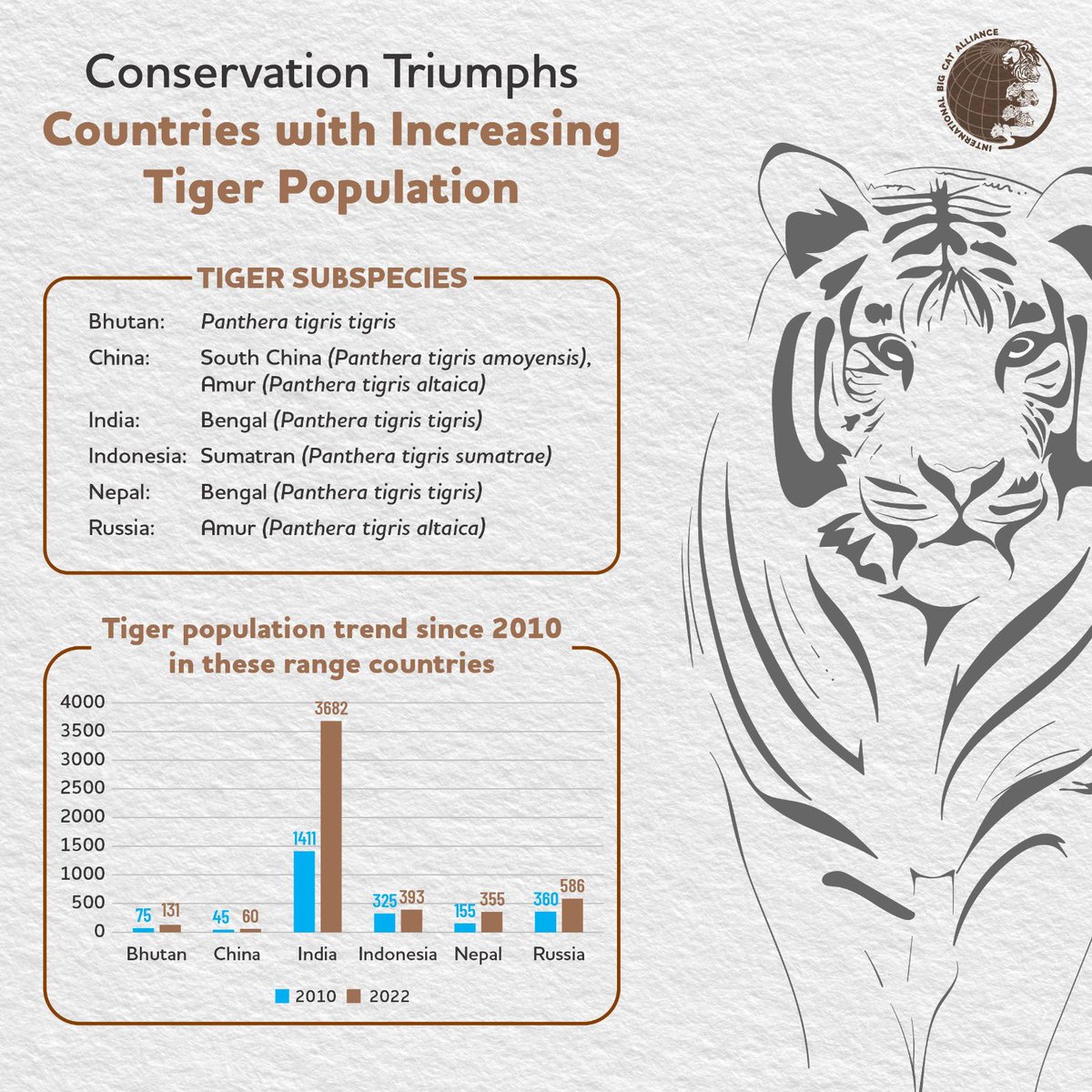 1/3

This #WorldTigerDay, we bring you the status of tigers in their ranges. 

Conservation efforts have led to increase in tiger populations. 

Bhutan's tiger population grew by 74.7%, India a remarkable 160.9% &amp; Nepal's tiger numbers more than doubled, rising by 129%.