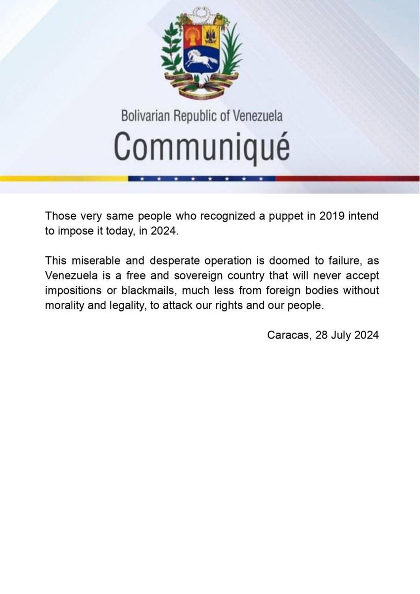 yvangil's tweet photo. #Communiqué 📢 Venezuela denounces and alerts the world about an operation of intervention against the electoral process, our right to self-determination and the sovereignty of our Homeland, by a group of foreign governments and powers. https://t.co/pXlTKsTIQ3