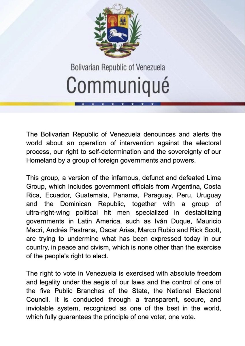 yvangil's tweet photo. #Communiqué 📢 Venezuela denounces and alerts the world about an operation of intervention against the electoral process, our right to self-determination and the sovereignty of our Homeland, by a group of foreign governments and powers. https://t.co/pXlTKsTIQ3