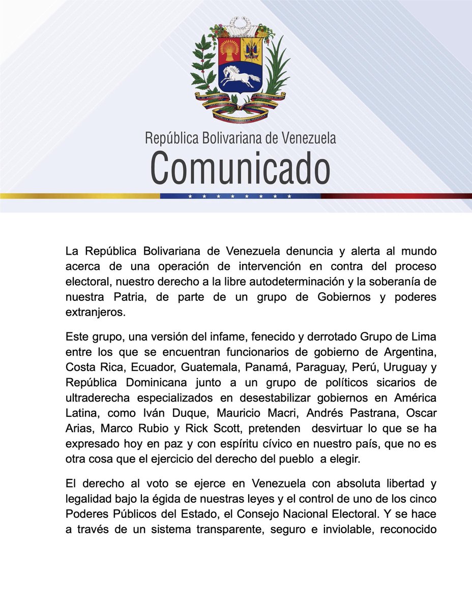 MeyvisEstevezE's tweet photo. #Venezuela denuncia operación de intervención en proceso electoral por parte de un grupo de gobiernos y poderes extranjeros. Es hora que se respete el derecho a la libre autodeterminación y soberanía de la Patria. https://t.co/9DDoWoDhC7