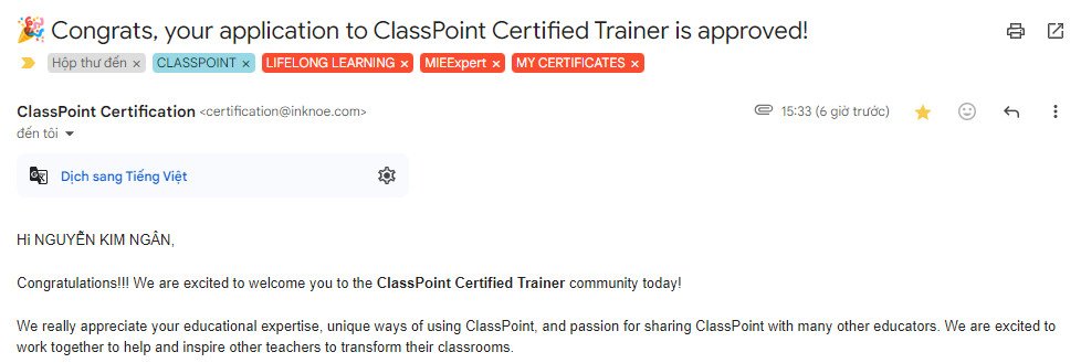 iamnkimngan3883's tweet photo. 👥 Officially joining the Trainer team of ClassPoint! 🎉🥳
🫶 Kim Ngân is excited to accompany teachers on this journey. For the new school year 2024-2025, let's shine together and create amazing things! ✨
Thank you so much @ClassPointIo
#ClassPoint #Trainer #NewSchoolYear2024 https://t.co/HyD91ZmabS