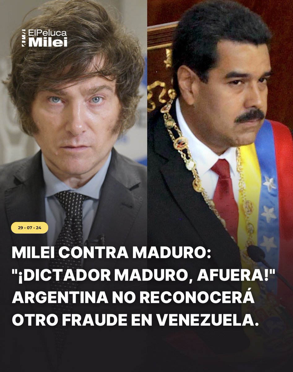 ElPelucaMilei's tweet photo. 🇦🇷🔥🇻🇪 | El presidente Milei afirmó que Argentina no reconocerá otro fraude en Venezuela y llamó a defender la democracia. https://t.co/67PrBCQU69