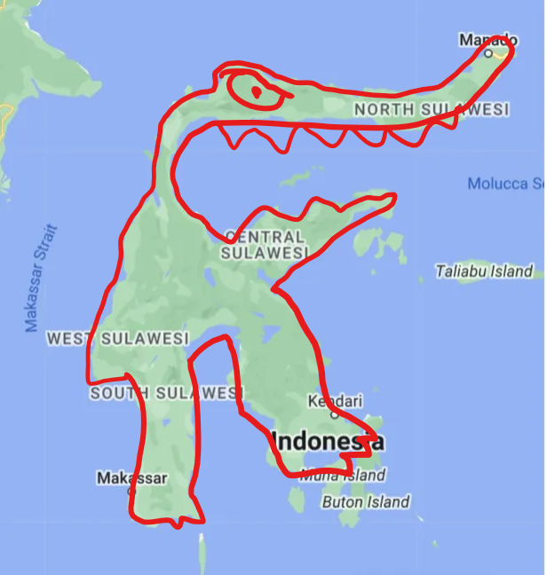 idrawsdinosaurs's tweet photo. @notkavi whenever I look at Sulawesi I can only see a silly big mouth two legs crocodile man https://t.co/eDcnEvrhBA