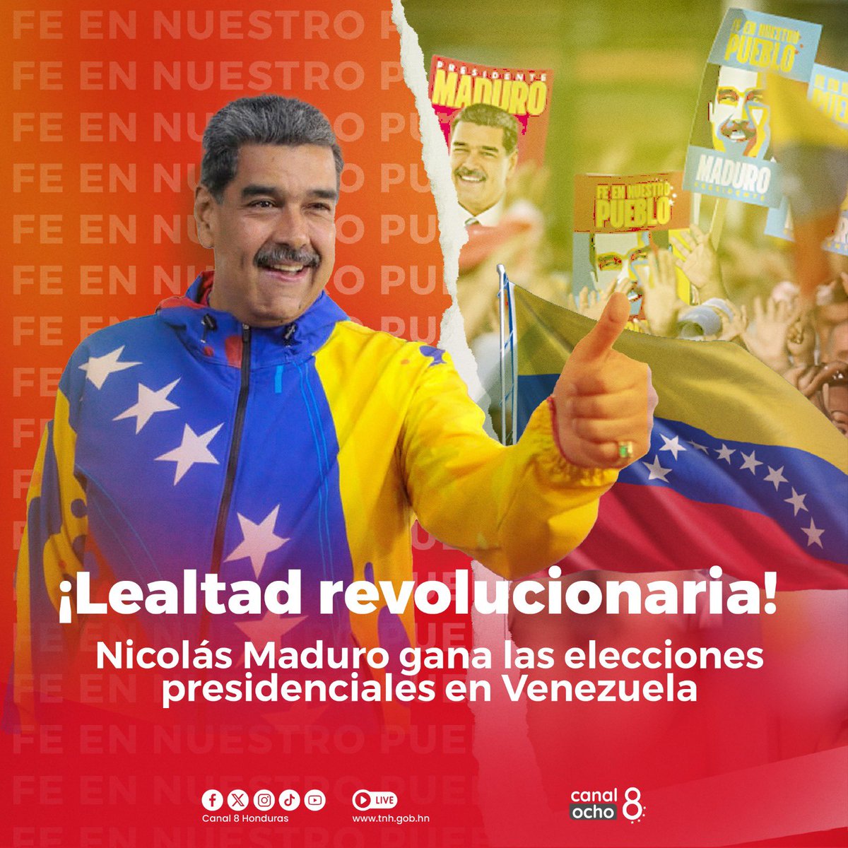 Canal8_hn's tweet photo. #Canal8 || ✊🏻🇻🇪🗳️ Con el 80 % de las mesas escrutadas y un total del 51.20 %, Nicolás Maduro gana las elecciones presidenciales en Venezuela, reafirmando su liderazgo en el país.

 #Elecciones2024 #Venezuela #NicolásMaduro https://t.co/1ymoRTFGy1