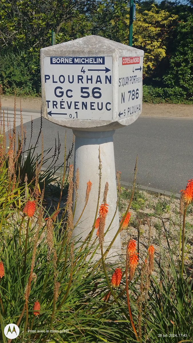 ThiChaplain's tweet photo. À #Tréveneuc dans les #CôtesdArmor, y a une #Borne indicatrice #Michelin qu'est un #petitpatrimoine car la #RN786 a été déclassée y a longtemps en #Routedépartementale. https://t.co/BxG7YKZGGq