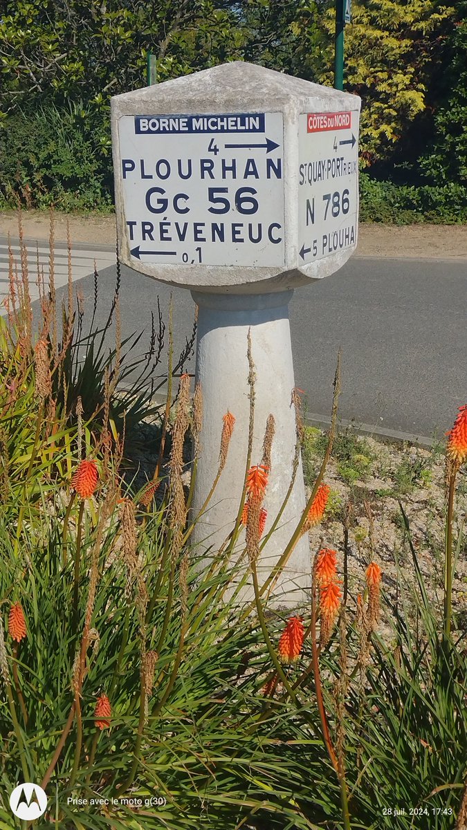 ThiChaplain's tweet photo. À #Tréveneuc dans les #CôtesdArmor, y a une #Borne indicatrice #Michelin qu'est un #petitpatrimoine car la #RN786 a été déclassée y a longtemps en #Routedépartementale. https://t.co/BxG7YKZGGq