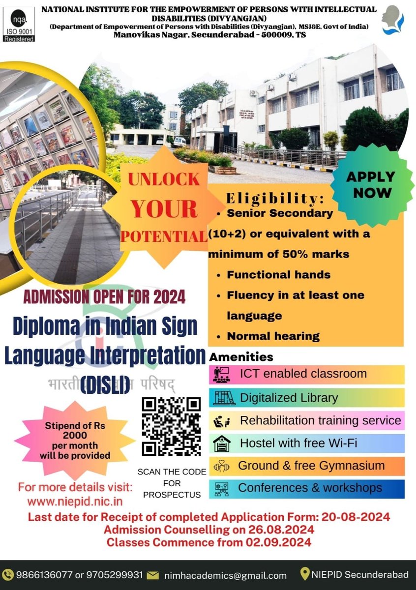 NIEPID's tweet photo. Admission Notification for Diploma in Indian Sign Language Interpretation (DISLI) for the Academic year 2024-25 at NIEPID Secunderabad.
Click below link for Prospectus and Application Form:
https://t.co/AAKunRBw8g
#DISLI #Indiansignlanguage https://t.co/kkYbiiWVl6