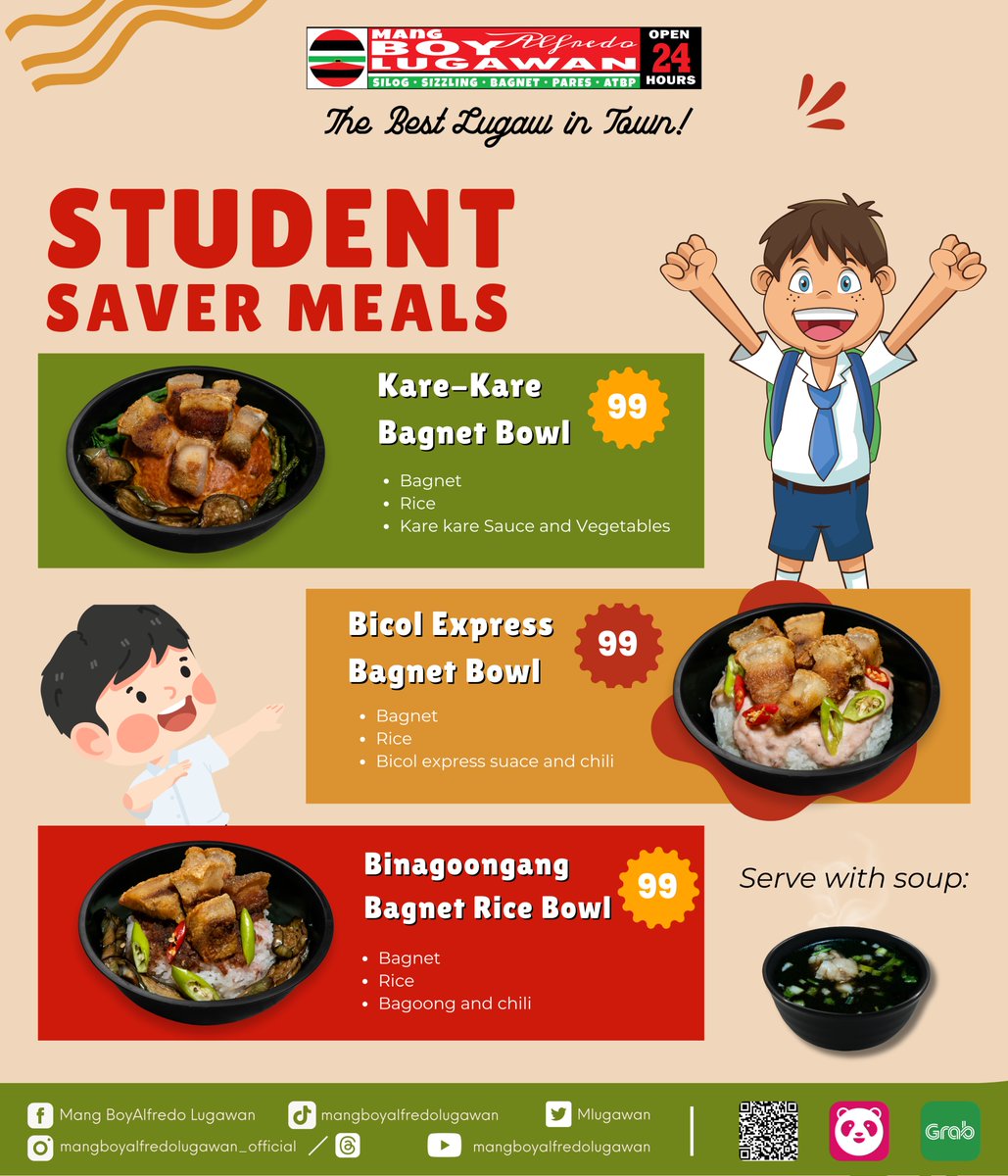 MLugawan's tweet photo. Back to School na, mga ka-Mang Boy! 🥳

Walang time mag prepare ng baon ng ating mga Chikiting, Ate at Kuya na papasok sa eskwelahan? Wag ka nang mamoblema, sagot ka namin!
Pabaunan na sila ng ating "Student Saver Meals" na tiyak na magugustuhan nila at hahanap-hanapin. https://t.co/cBvDsmyTzq