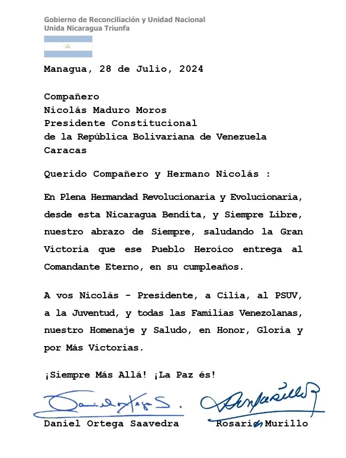 Canal6Nicaragua's tweet photo. Presidente, Comandante Daniel y Compañera Rosario, felicitan al Compañero Nicolás Maduro Moros, Presidente de la República Bolivariana de #Venezuela, por la Gran Victoria que el Pueblo Venezolano entregó al Comandante Eterno, Hugo Chávez Frías, en su cumpleaños.
 
#Noticiero6 https://t.co/GMkjQwyscW