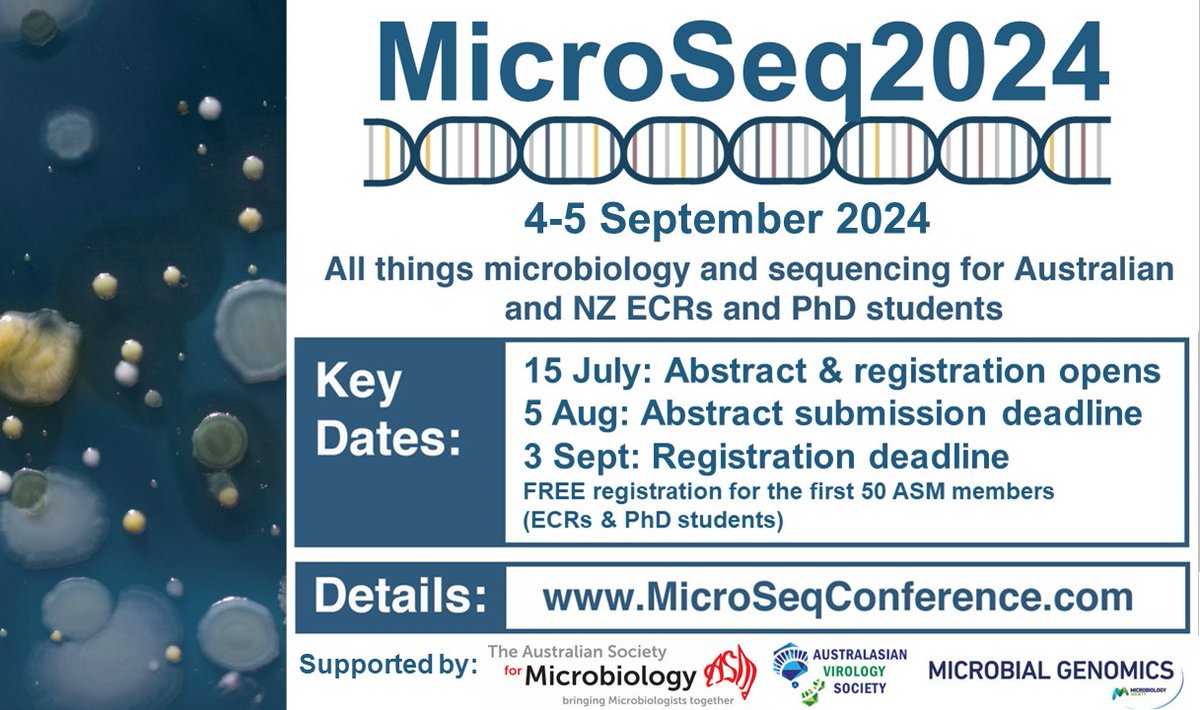 MicroSeq2024 (@microseq_asm) on Twitter photo Worried that you don't have enough results for a talk at #MicroSeq2024? Fear not! We have multiple talk-lengths available:
Medium- 12 minutes plus questions
Lightning- 4 minutes plus discussion time
Get in quick; Abstract submissions close in one week! 👉 trybooking.com/events/landing… Worried that you don't have enough results for a talk at #MicroSeq2024? Fear not! We have multiple talk-lengths available:
Medium- 12 minutes plus questions
Lightning- 4 minutes plus discussion time
Get in quick; Abstract submissions close in one week! 👉 trybooking.com/events/landing…