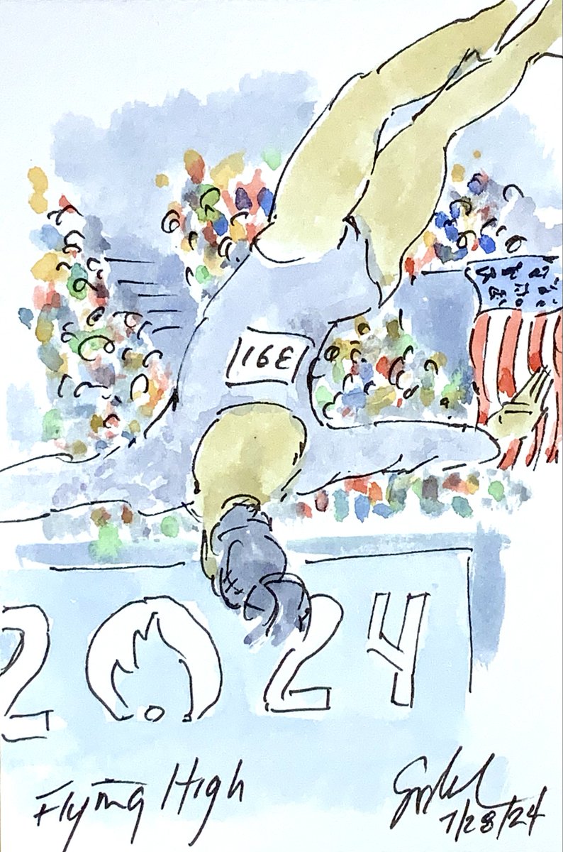 ArtofCycling's tweet photo. "Flying High" @Simone_Biles @TeamUSA flies high on #FloorExercise at #ParisOlympics in #Gymnastics qualifying. See all of my #OlympicGames #watercolor #art @ https://t.co/4j6uLsXUV0 #womensgymnastics #usagymnastics #TeamUSA @NBCOlympics @USAGym https://t.co/LIH3Lhrszd