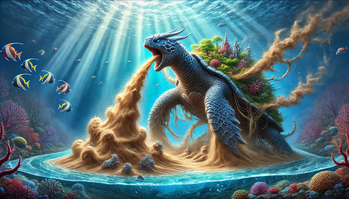 tpfinitiative's tweet photo. Deep Sea #DragonTurtle using its Sand Breath to form the future island chain of Brumba. https://t.co/HUzIBWp9Qg