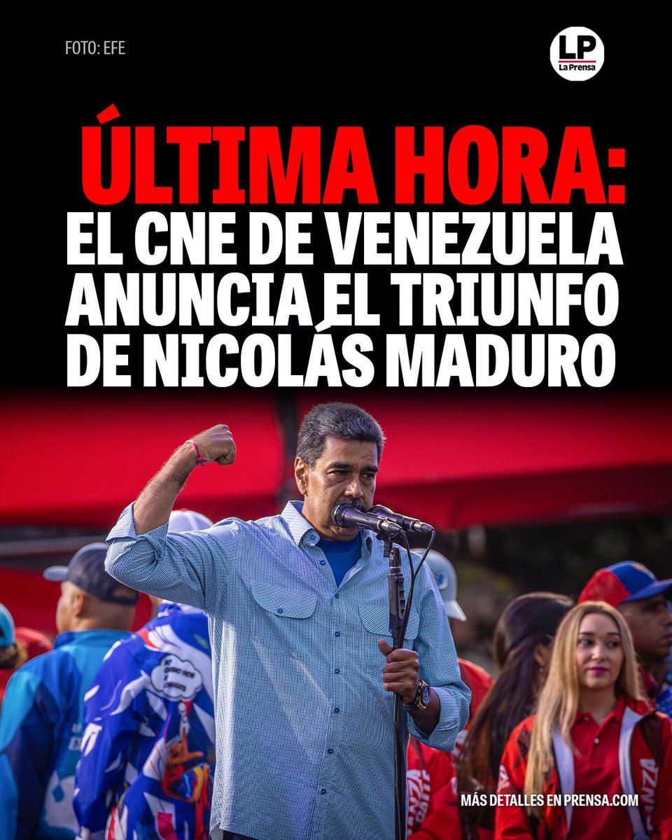 prensacom's tweet photo. El CNE anuncia que Nicolás Maduro gana las elecciones presidenciales de Venezuela con un 51,20 % con el 80 % escrutado.

https://t.co/tjHJVB5IMo https://t.co/iTMqRoQwfo