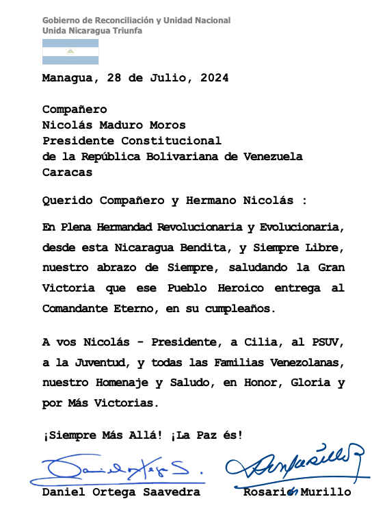 #Nicaragua Saluda al Pueblo de #Venezuela y la Reelección del Presidente <a href="/NicolasMaduro/">Nicolás Maduro</a>
