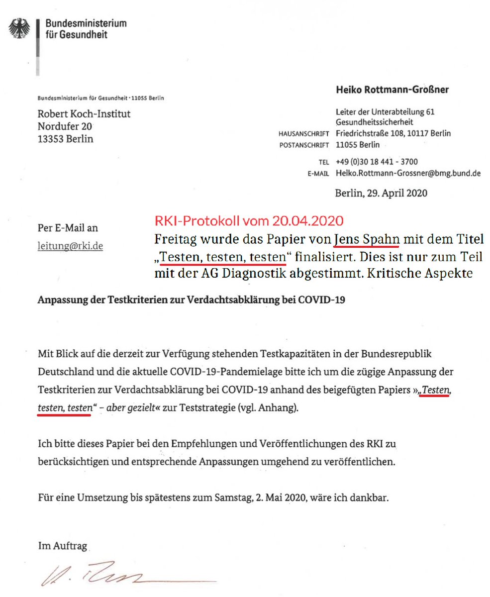 SHomburg's tweet photo. Rottmann-Großner weist das RKI an, PCR- und Schnelltests nach Vorgaben von Bankkaufmann Jens Spahn auszurollen. Damit kommt die „Pandemie” in Rollen. Beendet wird sie Jahre später durch Einstellung der Massentests, nicht durch modRNA.

Hintergrund: Der Brief stammt aus den #RKIEmails, dem Leak im Leak. Aus dem hineinkopierten Protokoll ersieht man, dass das Konzept „Testen, testen, testen” aus Spahns Feder stammt  und das RKI sich übergangen fühlt.

Als erfahrene Mitglieder der weltweiten Pharmamafia wussten Spahn und Rottmann-Großner genau, wie man eine „Pandemie” künstlich erzeugen und den Impfdruck durch Lockdowns, Schulschließungen und Masken so immens steigern kann, dass am Ende die meisten Menschen einknicken und die experimentelle Spritze akzeptieren. 

So entstand das profitabelste Geschäft aller Zeiten und kam es zu einer immensen Umverteilung des Reichtums von unten nach oben. Niemals in der Geschichte nahm die Zahl der Milliardäre so rasch zu.
