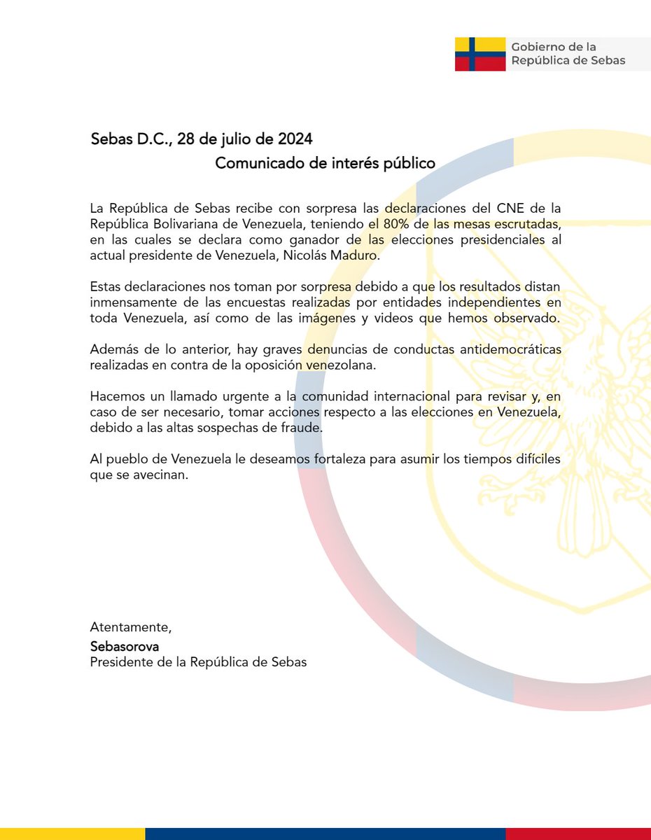 presidenciasx's tweet photo. La República de Sebas expresa su sorpresa ante los resultados electorales en Venezuela. Urgimos a la comunidad internacional a investigar las elecciones en Venezuela. Fuerza al pueblo venezolano en estos tiempos difíciles. 🇻🇪
#EleccionesVE2024 #PresidencialesVE2024 https://t.co/8IedNgMiwu