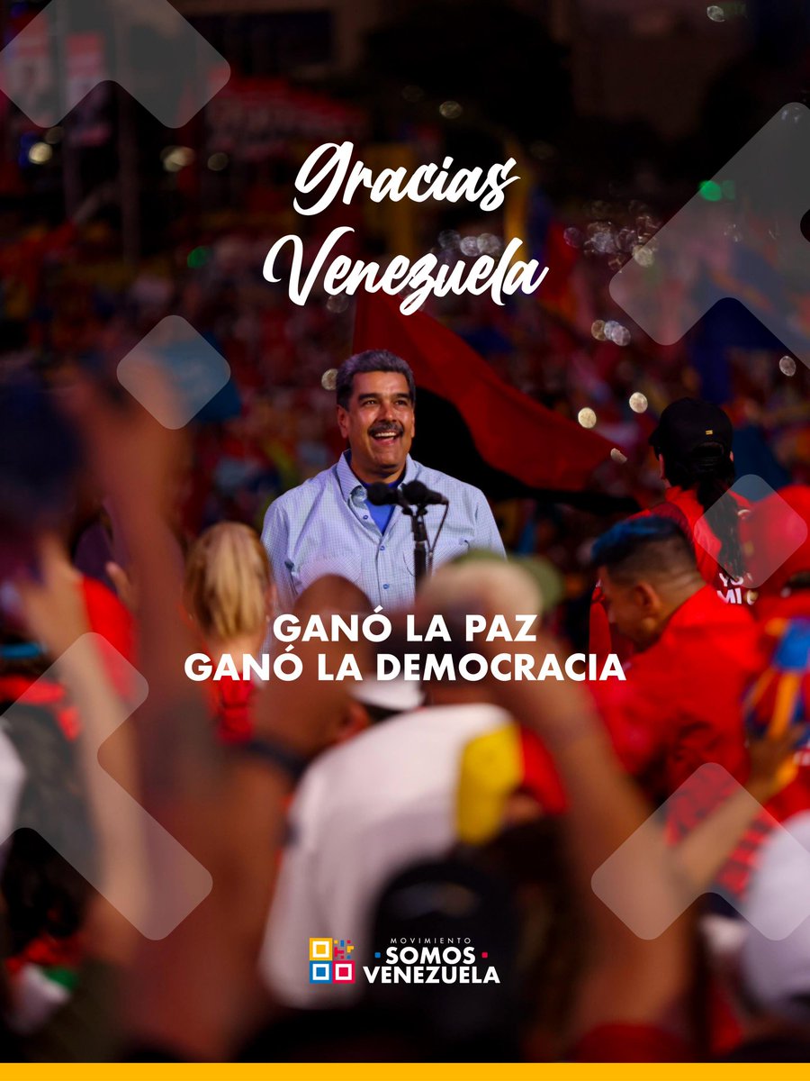 ¡Gracias Venezuela! Ha triunfado la Paz, la Democracia y la Esperanza. La victoria del Presidente <a href="/nicolasmaduro/">Nicolás Maduro</a> es una demostración de dignidad, gallardía y determinación de ser patria soberana y profundamente Bolivariana. ¡Hoy más que nunca todxs Somos Venezuela!