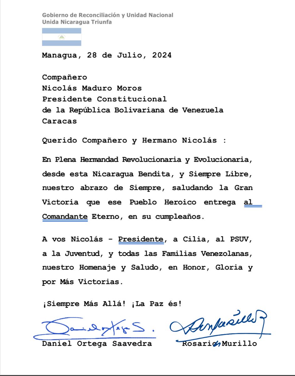 Mensaje del comandante Presidente Daniel Ortega y de la vicepresidenta Compañera Rosario Murió al presidente electo <a href="/NicolasMaduro/">Nicolás Maduro</a> #ManaguaSandinista #vivalarevolucion #VivaChavez #venezuelayNicaragua