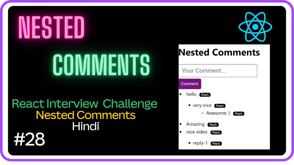 imran1mind's tweet photo. 🎥 "React Nested Comments - React Interview Challenge" 
https://t.co/OiBiwxaK0g
🔹 Component Hierarchy &amp; State Management
🔹 Recursive Component Rendering
🔹 Handling User Input &amp; Validations

 #React #JavaScript #WebDevelopment #Coding #Programming #InterviewPreparatio https://t.co/a3DhmBUaag
