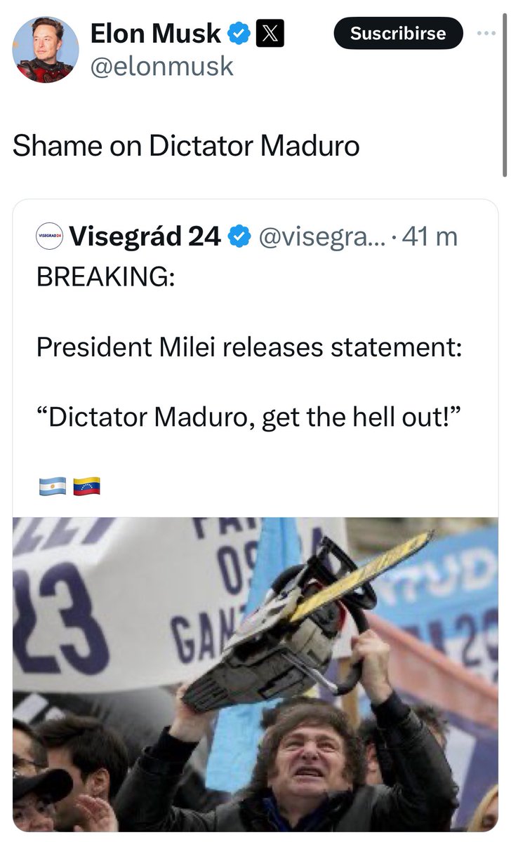MilvaGauto's tweet photo. Elon Musk posteó 

“Vergüenza debería darle al Dictador Maduro”

Elon Musk ha citado un posteo donde el presidente Milei dice: 

“¡Dictador Maduro FUERAA !” https://t.co/sO8ZhR0Jv1