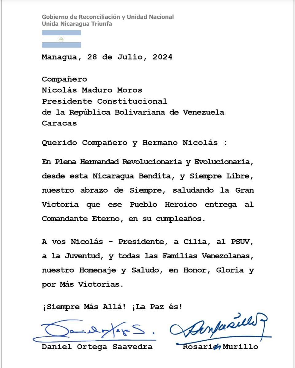 carl0smgr's tweet photo. Mensaje de Saludos y Felicitaciones del Presidente, Comandante Daniel, y Compañera Rosario, al Compañero Nicolás Maduro Moros, Presidente de la República Bolivariana de #Venezuela. https://t.co/csYZpMPMKb