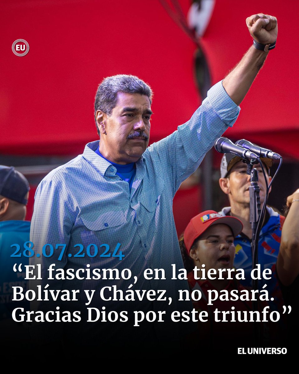 eluniversocom's tweet photo. “El fascismo, en la tierra de Bolívar y Chávez, no pasará. Gracias Dios por este triunfo”, dice Nicolás Maduro tras conocer los resultados del CNE que le dan la victoria en las elecciones de Venezuela. https://t.co/WZt12zYuet https://t.co/06JV8JUvjq