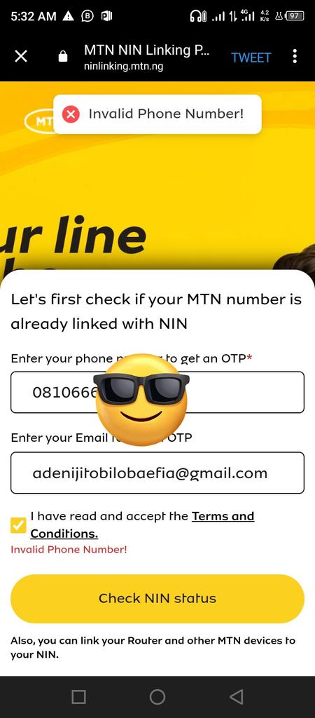 greatee20's tweet photo. @MTNNG I heard encounter this trying to check my blocked line status and the same time to link my NIN. It keep saying my number is invalid. https://t.co/1KeUrt9EZ7