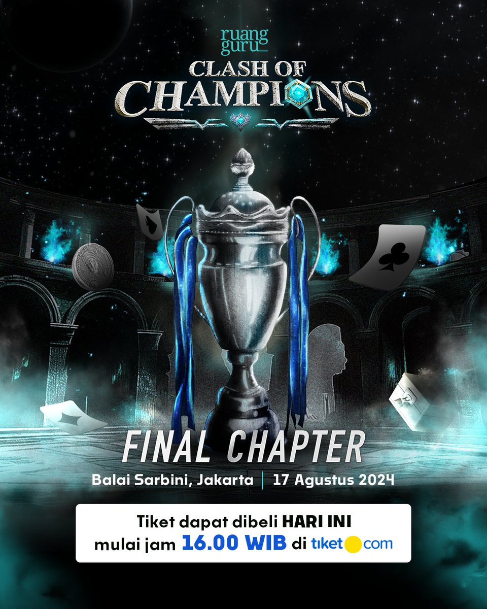 ruangguru's tweet image. JAM 4 SORE UDAH BISA BELI TIKETNYA FINAL CHAPTER!!! 🔥🔥

Hari ini banget jam 16.00 WIB di tiket.com kamu udah bisa beli tiket Clash of Champions Final Chapter!

Siapa yang udah ga sabar buat belajar dan seru-seruan bareng para Champions? 🥳

#Ruangguru…