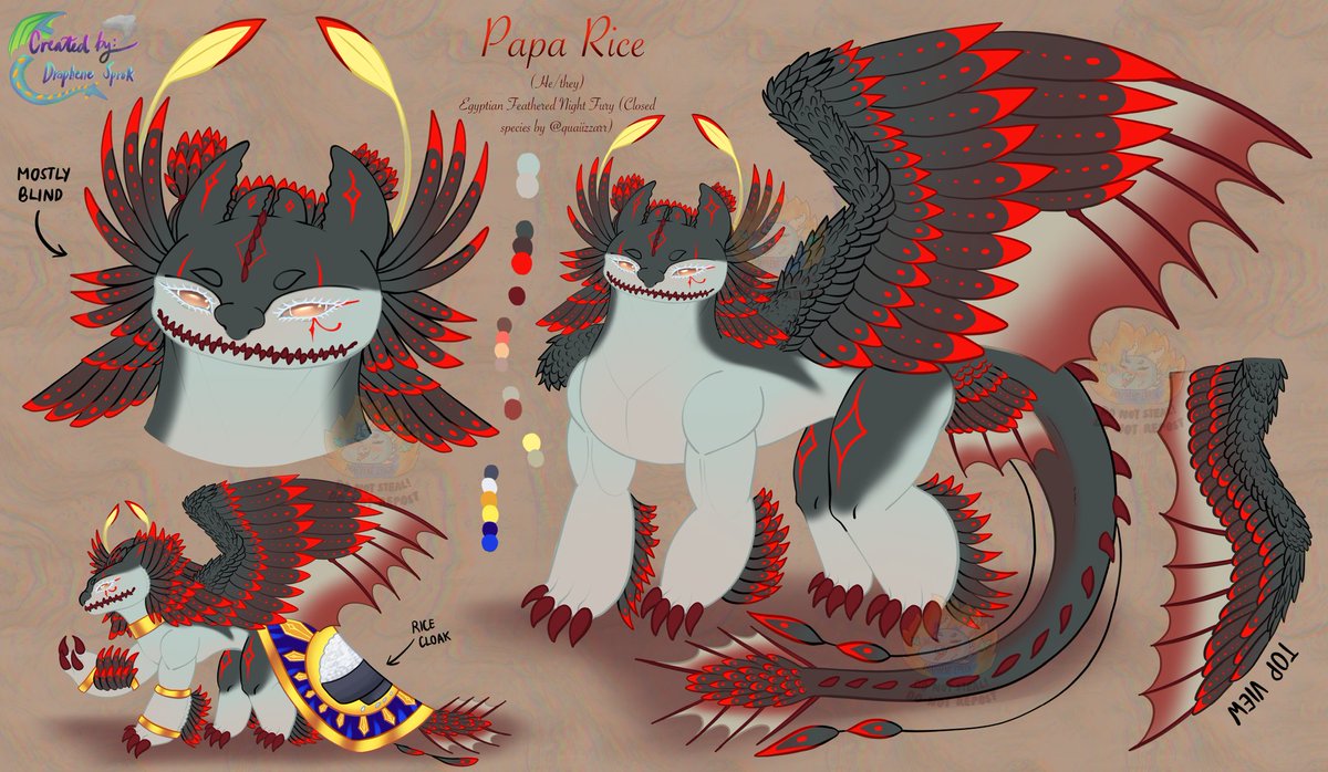 Draphene_Sprok's tweet photo. 🍚Papa Rice reference sheet🍚
• Papa Rice (he/they)
Egyptian Feathered Night Furies (efnf) are a CLOSED HTTYD SPECIES by @/quaiizarr
‼️DO NOT REPOST/USE UNLESS OWNER OF CHARAC‼️
#art #DrapheneSprokart #DrapheneSprokdesigns #DrapheneSprok_PapaRice #dragon #efnf #httyd https://t.co/3DQf1P5tNN