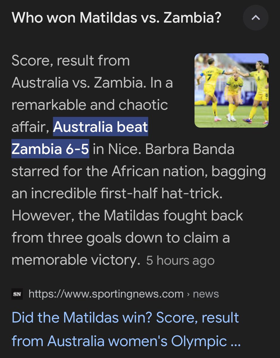Katherine_deves's tweet photo. Australian Matildas beat Zambia 6-5 #Paris2024 

Barbara Banda is the “star” player for Zambia 

The mainstream media will not tell you Banda is male 

@TheMatildas 
@Olympics 
@AUSOlympicTeam https://t.co/Zj4aRDY7iO