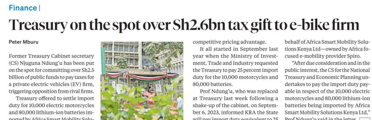 Former Treasury Cabinet secretary (CS) Njuguna Ndung’u has been put on the spot for committing over Sh2.5 billion of public funds to pay taxes for a private electric vehicles (EV) firm, triggering opposition from rival firms.
via <a href="/BD_Africa/">BusinessDaily</a>