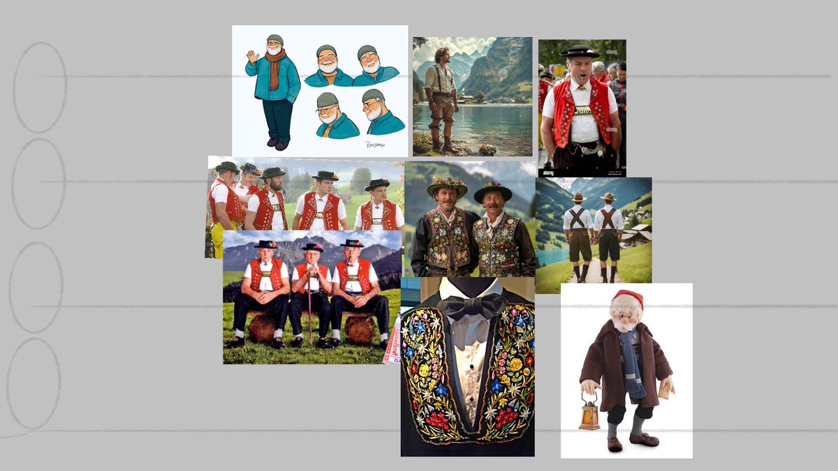 2. Terus ke 2 tuh. Early stages of grandpa wuthrich. Di pikiran gua awalnya dia tuh antara a frail grandpa or a beefy old farmer 💀 tapi akhirnya jadinya somewhere in between dan gue malah bikin dia jadi kakek yang punya workshop bikin jam cuckoo clock or other clocks like watch