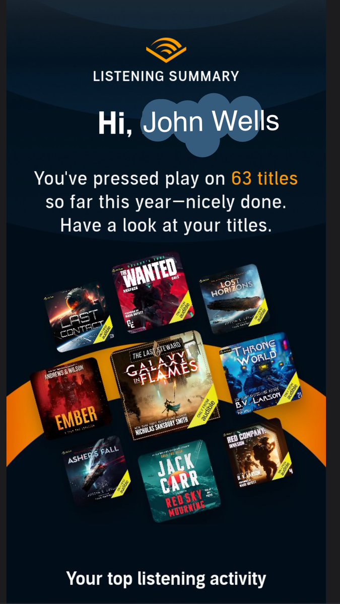 John_Wells_101's tweet photo. @JNChaney top my listening list again!  Just finished @danielsilvabook new book! Another great book to add to his series! Now to finish the next two Hell Divers from  Nicholas Sansbury Smith. https://t.co/YZUa78R4Sg