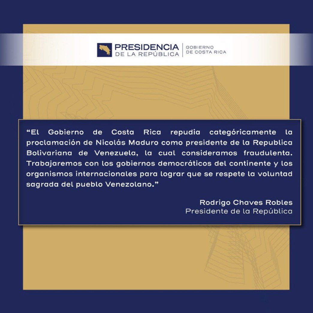 🇨🇷🇻🇪🗳️ | URGENTE

El gobierno de Costa Rica (<a href="/presidenciacr/">Presidencia de la República 🇨🇷</a>) ha repudiado categóricamente la proclamación de Nicolás Maduro como presidente de Venezuela, calificándola de fraudulenta. 

El presidente Rodrigo Chaves Robles afirmó: “Trabajaremos con los gobiernos democráticos del