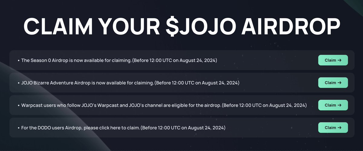 lookonchain's tweet photo. JOJO Exchange(@jojo_exchange) has released a retroactive airdrop!
https://t.co/BVQ1IKHUW2

11,190 addresses can share 8M $JOJO airdrop, 8% of the total supply.

The address 0xbE7A...79E4 received the most airdrops, totaling 247,542 $JOJO(worth $57K). 

JOJO Exchange has an average daily trading volume of $131M in the past 7 days, making it the decentralized perpetual contract exchange with the highest trading volume on #Base.

$JOJO is now 0.23 USD 
https://t.co/o0MWzpiP1e