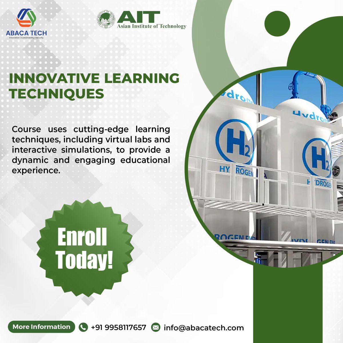 TechAbaca's tweet photo. Experience innovative 💡 learning with @AITAsia
Enroll in our Certified Hydrogen Solar Engineering Skill Course and stay ahead of the curve 🌿

Form link: https://t.co/TRLU7fuiWq

Visit: https://t.co/a0suPw2wzk

#HydrogenCourse #GreenEnergy #SolarCourse #Certification #Skill https://t.co/nrvKtfNio6