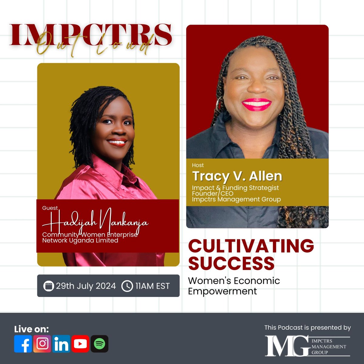 Its  D-day! Tune in to Impctrs Out Loud podcast for an inspiring conversation with <a href="/HadijahMN/">Mukasa</a>  Learn how she's driving economic empowerment for women in Uganda through CWEN.  Watch/Listen:
• Podcast: lnkd.in/etUrCAxQ
• YouTube: lnkd.in/exG7uD-N