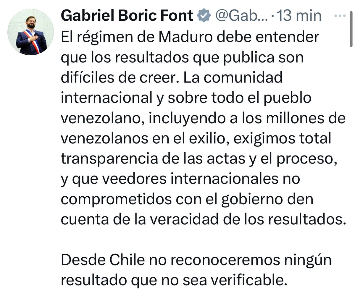 brealt's tweet photo. Ao não reconhecer o resultado das eleições venezuelanas, o presidente chileno @GabrielBoric comprova-se como uma fraude, capturado pelos interesses imperialistas, um aliado objetivo da direita latino-americana. Não passa de um serviçal das elites mais reacionárias e predadoras. https://t.co/WSDhX3GNyX