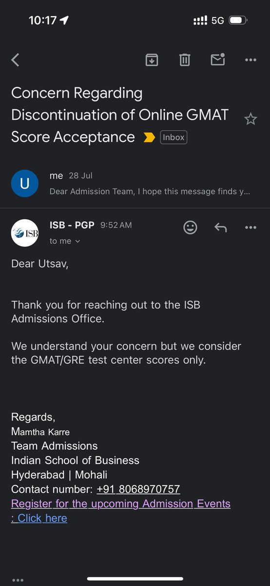 Utsavv_sharma's tweet photo. This is what @ISBedu has replied to my mail. I am deeply disappointed to learn that ISB no longer accepts online GMAT scores, despite their previous validity. I took the exam in Jan 2023 online based on your assurance that there would be no difference. https://t.co/bP9CGhklgu