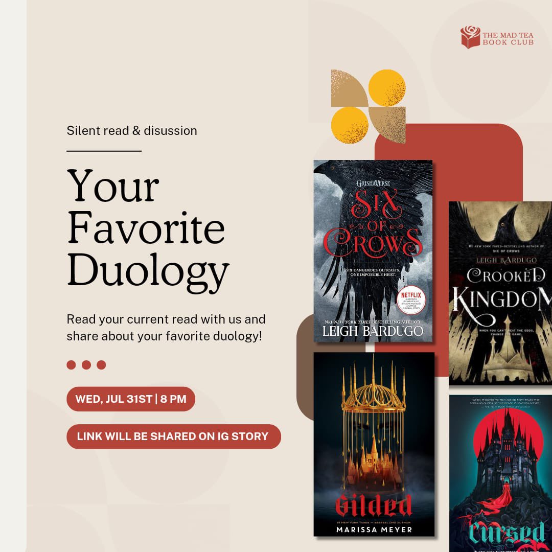 MadTeaBookClub's tweet photo. Mad Tea Book Club is back! 

Let’s read together, hang out and talk about your favorite duologies this Wednesday, July 31 at 8 PM.

Zoom link will be shared on our IG story! 

#bookclub #silentread #duology #madteabookclub #readtogether https://t.co/03DtL2qKNW