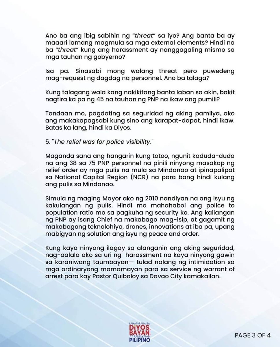 nabunturanguy's tweet photo. Personal letter ba ito? At bakit NAPAKABASTOS ng pagkaka-address? “Rommel,” wala man lamang “Dear?” Kung personal letter, eh bakit naman lumabas sa publiko? Is this the vice president of the nation talking to the highest police officer of the land? Parang nakikipag-usap lang sa head guard ng subdivision.  Ang taray talaga! Anong gusto mong palabasin? Tantrums galore ka talaga sa totoo lang. You’re a SHAME to that public office position!