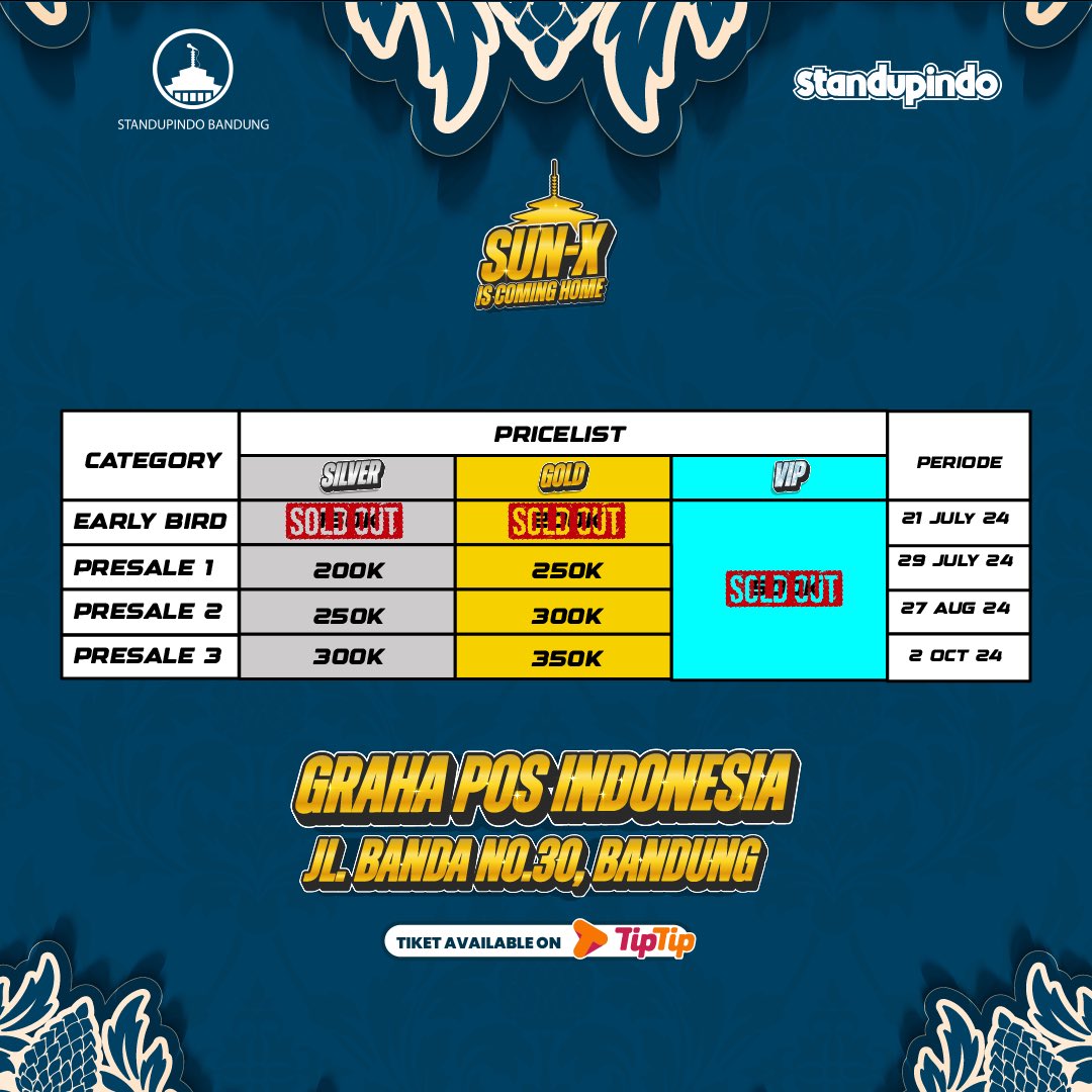 StandupIndoBdg's tweet photo. 🚨PRESALE 1 #SUNXBDG: IS COMING HOME SUDAH DIBUKA🚨

Tiket bisa dibeli lewat aplikasi/website TipTip Lesgoooo abisin tiketnya daks sebelum kehabisan lagi!! 🤗💙

Ingpo aja ini mah, minho bakal umumin satu line up lagi, kira-kira saha cik? Coba tebak 😉

#SUNXBDG
#ISCOMINGHOME https://t.co/k9GyhpPsnE